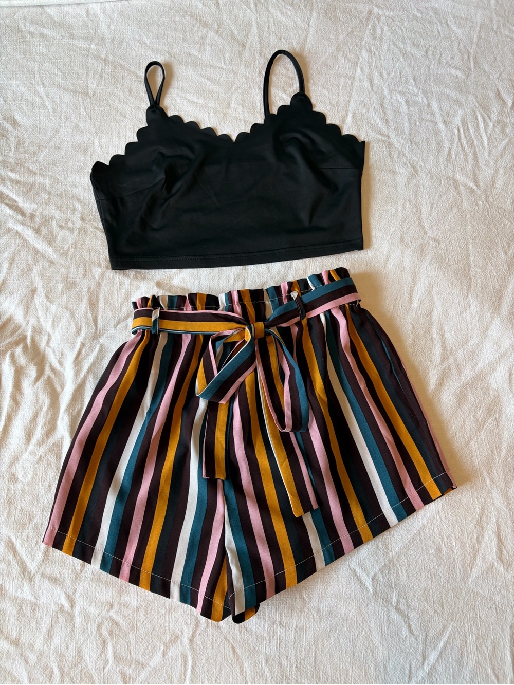 SHEIN Black Crop Top & Striped Shorts Two Piece Set S